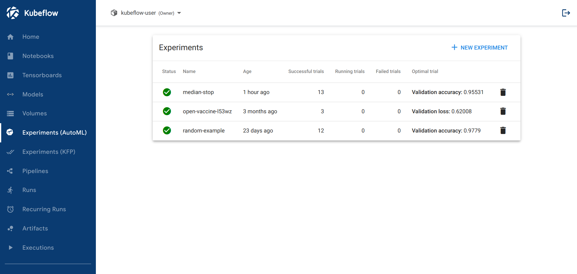 The random example in the list of Katib experiments